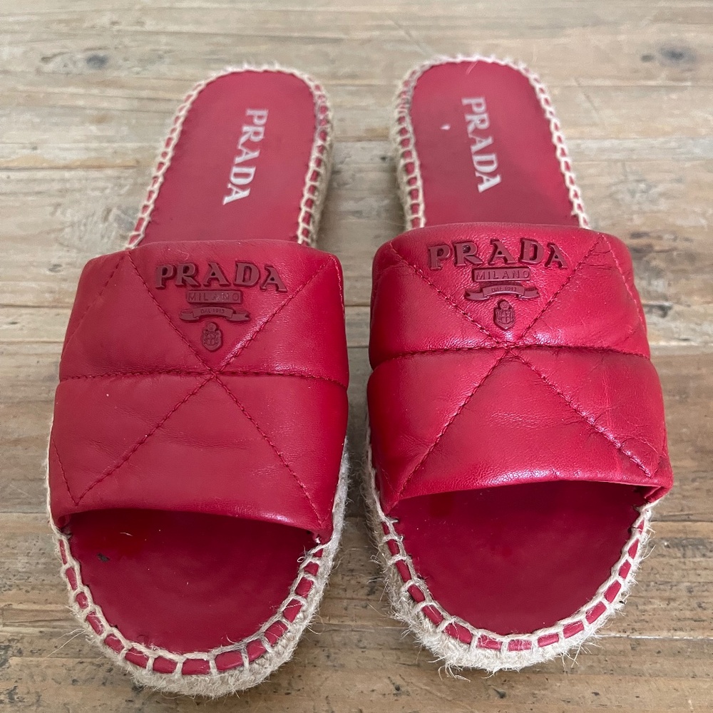 EUC Prada slides size 35 Red quilted leather espadrille
